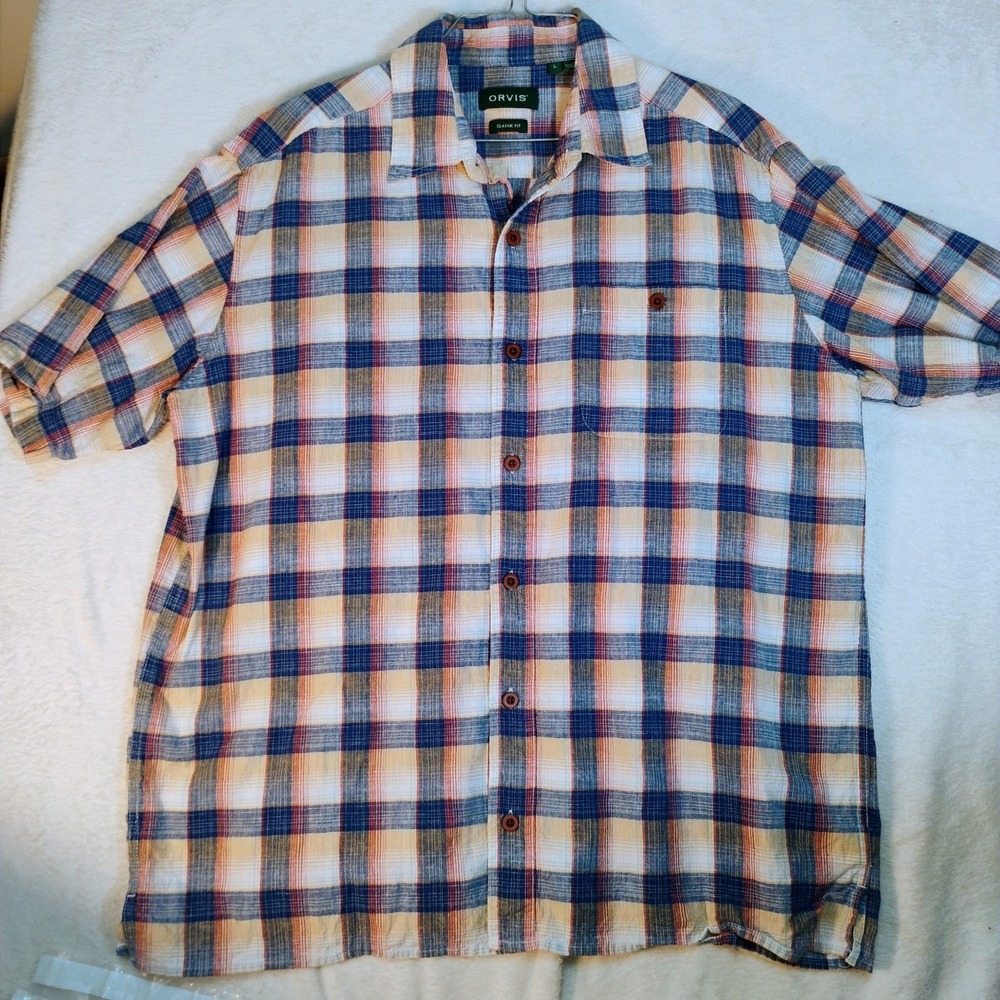 Orvis Mens Classic Fit Short Sleeve Button Up Hemp Blend Plaid Shirt 3B8T L